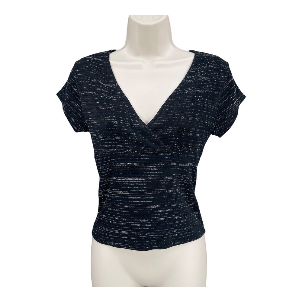 Y2K RJ Connection Faux Wrap Shirt Women Size M Black 90s Metallic Fitted Top USA